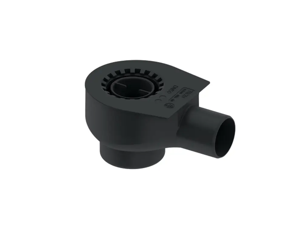 Schwarzes Abflussstück von TECE mit seitlichem Auslauf, geeignet für die Ableitung von Wasser, mit einem rationellen Design für effektive Entwässerung.